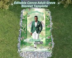 a blanket that is laying in the grass with a man wearing a green jacket and white pants