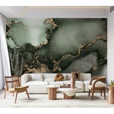 a living room filled with furniture and walls covered in green marble