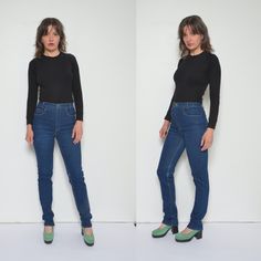 "Vintage 90s Mako Jeans dark blue bootcut long jeans. High waist tight denim pants. - Label: Mako Jeans (made in Portugal) - Era: 1990's - Color: dark blue - Fabric: 98% cotton, 2% elasthan  - Condition: very good. Ready to wear. - Tag Size: 38 - Fits Size: medium MEASUREMENTS: Waist: 26.7\" (68 cm)  Hips: 35.4\"(90 cm) Length: 44.5\"( 113 cm) Inseam: 33\" ( 84 cm) Model is 5.7 feet (174 cm) height." 90s Style Fitted Medium Wash Flare Jeans, 90s Fitted Denim Flare Jeans, 90s Style Fitted Denim Blue Jeans, 90s Fitted Straight Leg Jeans, Fitted 90s Denim Blue Jeans, 90s Fitted Denim Blue Jeans, 90s Style Fitted Full-length Jeans, 90s Style Fitted Full Length Jeans, Dark Blue Denim Jeans