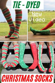 christmas socks that look like they have been dyed red, green and white stripes on them