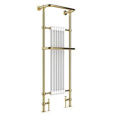 a gold and white towel rack with two bars on the top, one holding a radiator