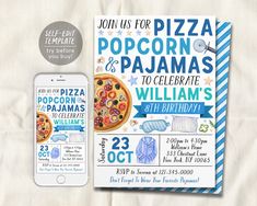 a pizza birthday party is on display with an iphone and the flyer for it's event