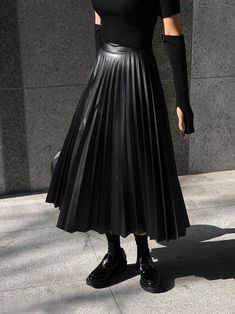 Vegan leather pleated skirt. Flared A Line. Model is in MINUSEY ONE SIZE. ✔️ Free worldwide express shipping over $100✔️ Loved by 6,500+ customers✔️ Limited edition collections, maximum style⠀⠀⠀⠀⠀⠀⠀⠀⠀Stay ahead of the trend with can’t-find-anywhere-else staples. Your closet will thank you 💕 * MINUSEY ONE SIZE = EU 34-38, US 2-6* 100% PU Leather* Dry clean* Made in Korea - Model Height: 172cm/5'7" (US2, EU34) Pleated Skirt Winter, Pleated Flare Skirt, Leather Pleated Skirt, Mermaid Skirt, Leather Mini Skirts, Petite Outfits, The Trend, Fashion And Lifestyle, Flare Skirt