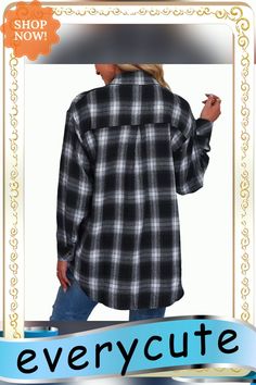 Black Plaid Print Loose Style Lightweight Shirt Jacket Black Long Sleeve Flannel Shirt For Fall, Black Relaxed Fit Collared Flannel Shirt, Black Casual Flannel Shirt With Pockets, Casual Black Flannel Shirt With Pockets, Black Collared Flannel Shirt With Pockets, Black Collared Flannel Shirt For Winter, Black Flannel Shirt With Pockets For Work, Black Flannel Shirt With Pockets For Winter, Black Winter Flannel Shirt With Pockets