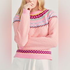 Loveshackfancy - Crawley Slim Pullover - Berry Smash Size Xs In Excellent Condition. Pink Fair Isle Sweater For Fall, Pink Fair Isle Pattern Sweater For Fall, Pink Crew Neck Sweater With Fair Isle Pattern, Pink Fair Isle Crew Neck Sweater, Pink Fair Isle Pattern Sweater, Orange Pink, Pink Orange, Color Orange, Pink And Orange