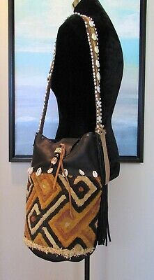 Stacy Erickson Santa Fe Kuba Cloth Leather Cowrie Shell Bucket Bag NWT | eBay Miami Style, Kuba Cloth, Miami Fashion, Cowrie Shell, Boho Bag, Santa Fe, Black Suede, Fashion Backpack, Bucket Bag