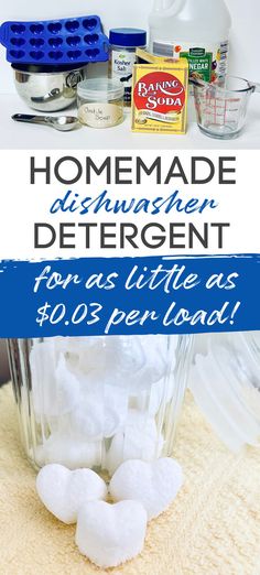 Image of ingredients for homemade dish detergent and finished dishwasher detergent tablets and text "Homemade dishwasher detergent for as little as $0.03 per load!" Homemade Dishwasher Tablets, Diy Dishwasher Soap, Homemade Dishwasher Soap, Natural Dishwasher Detergent, Diy Dishwasher Tablets, Diy Dishwasher Detergent, Keeping A Clean House, Homemade Dishwasher Detergent, Dishwasher Tabs