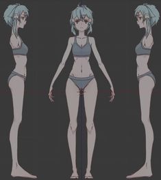 three different views of a woman's body in the same image, one with blue hair