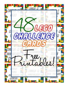 the words lego challenge cards for free printables are shown in multicolored blocks