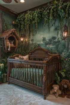 a baby crib in front of a jungle themed wall