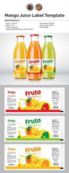 an image of fruit juice label templates with different colors and sizes, including the labels for