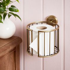 a gold toilet paper holder on a pink wall next to a potted green plant