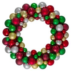 a wreath made out of christmas ornaments on a white background with the letter o in the center