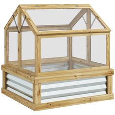 a wooden greenhouse with glass doors on the top and bottom part, in front of a white background