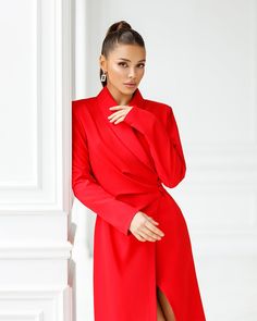 Fabric: Crepe Cotton 75%, Polyester 20%, Elastane 5% Wrap dress Collared neckline Long sleeves Midi length Colors: White, Red, Black, Blue Red Midi Dress For Fall Office Wear, Red Midi Dress For Office In Fall, Elegant Red Long Sleeve Mini Dress, Fitted Long Sleeve Red Blazer Dress, Fitted Red Long Sleeve Blazer Dress, Red Fitted Long Sleeve Blazer Dress, Red Blazer Dress For Formal Fall Occasions, Red Blazer Dress For Formal Fall Events, Red Mini Dress For Spring Workwear