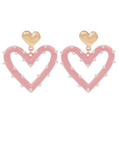 two heart shaped earrings with pearls on the sides and pink enamel, gold - plated posts