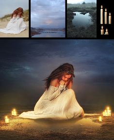 a woman sitting on top of a sandy beach next to candles and an image of the ocean