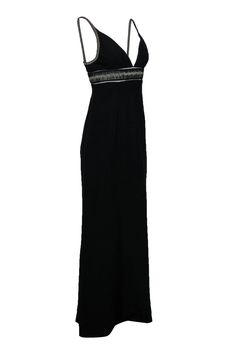 Take the classic LBD to the next level with this gorgeous gown from Balenciaga! A sleek and elegant silhouette is adorned with silvery embroidery and a chic mesh design. Perfect for any boho babe attending a sophisticated awards show. Pair with silvery jewelry and sparkly heels and you'll be best dressed on the red carpet! Size M Shell: 52% Viscose, 48% Acetate Lining: 72% Acetate, 28% Silk Concealed side zipper Lined V-neckline Sleeveless w/ spaghetti straps Silvery embroidery on straps and und Elegant Maxi Dress With Sheer Back For Evening, Elegant Gown With Sheer Back And Fitted Bodice, Elegant Black Maxi Dress With Sheer Back, Elegant Maxi Evening Dress With Sheer Back, Elegant Maxi Dress With Sheer Back And Fitted Bodice, Elegant Maxi Dress With Sheer Back For Gala, Elegant Gown With Sheer Bodice, Elegant Full-length Gown With Sheer Bodice, Elegant Formal Evening Dress With Sheer Back