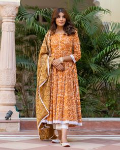 Cotton Dress Set - Mustard Colored Dabu Print - www.riafashions.com White Anarkali Cotton Dress, White Cotton Anarkali Dress, White Cotton Lawn Suit For Summer, Cotton Printed Anarkali, Orange Anarkali, Cotton Anarkali Suits, Kameez Design, Dabu Print, Cotton Anarkali