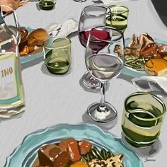 a painting of food and wine sitting on a table with glasses in front of it