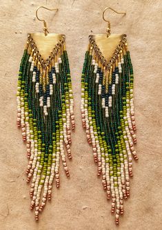 two pairs of beaded earrings with gold and green accents