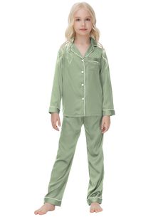 PRICES MAY VARY. 🌈Premium Material: This Kids Classic Long Sleeve Pajamas Made of high-quality silk satin fabric. Ultra-soft, lightweight, cool, breathable and comfortable. Give your lovely kids to dreamland sweet in every summer night. 🌈Classic Pajamas Style: VESEACKY unisex nighty design with classic notch collar, long sleeve, button front sleep shirt, mini chest pocket, exquisite piping contrast and super cute pj shorts. Suitable for boys and girls wear in spring and summer. 🌈Elastic Waist Nighty Design, Polar Express Pajamas, Sleeping Wear, Satin Pajamas Set, Pajamas Aesthetic, Kids Pyjamas, Silk Pjs, Satin Nightwear, Pjs Set