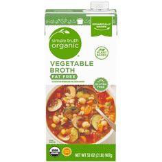 an open carton of organic vegetable broth