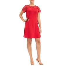 Upgrade your special occasion style with this women's Nina Leonard a-line dress.Click on this WOMEN'S GUIDE to find the perfect fit and more! Lace yoke and sleeves Scoopneck Flutter sleeves UnlinedFIT & SIZING 20-in. approximate length from shoulder to hem A-line silhouetteFABRIC & CARE Polyester, spandex Machine wash - Delicate Imported Size: Small. Color: Med Red. Gender: female. Age Group: adult. Elegant Red Fit And Flare Dress, Red A-line Fit And Flare Dress, Elegant A-line Holiday Mini Dress, Red Fit And Flare Formal Dress, Formal Red Fit And Flare Dress, Red A-line Mini Dress, Elegant Knee-length Midi Dress For Holiday, Holiday Dresses With Short Sleeves, Red Short Sleeve Lined Dress