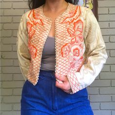 Absolutely Beautiful Embroidered Bolero Jacket In A Lovely Cream Color With Coral Colored Beading And Embroidery Accents. Has 2 Hook Closures At The Front. Made In India. Cotton/Poly/Rayon. Perfect Condition, Includes Extra Beads. Fitted Bohemian Outerwear With Floral Embroidery, Spring Festival Outerwear With Geometric Embroidery, Festive Long Sleeve Outerwear For Spring, Fitted Spring Outerwear With Geometric Embroidery, Spring Fitted Outerwear With Intricate Embroidery, Fitted Spring Outerwear With Intricate Embroidery, Traditional Spring Outerwear With Embroidered Sleeves, Traditional Floral Embroidered Outerwear For Spring, Fitted Outerwear With Resham Embroidery