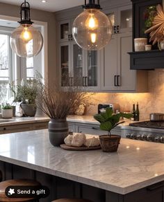 an image of a kitchen setting with lights on the ceiling and plants in pots on the counter