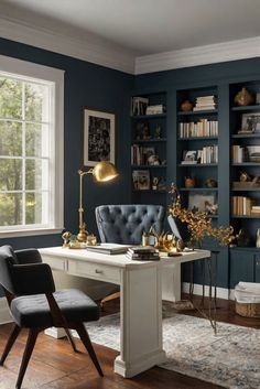 home interior design, interior bedroom design, kitchen designs, living room interior Teal Office Decor Ideas, Teal Office Decor, Dark Blue Office, Teal Office, Blue Office, Rustic Fall Decor, Living Room Design Inspiration