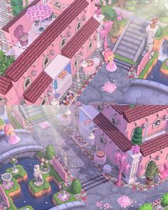 an aerial view of a pink house with lots of trees and flowers on the ground