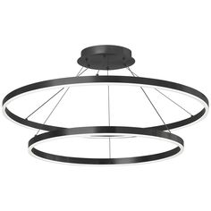 an overhead light fixture with two circular lights hanging from it's center, and the bottom