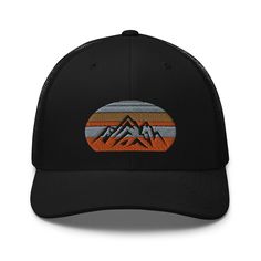 Retro design trucker style cap with mountain theme. For your favorite outdoor person. Get away to the bliss of the mountains and river trucker baseball cap. Snapback for adjustment for head size. Ponytail hole for the ladies or dudes. Great boyfriend gift if searching for something that says it all ( love for being outside that is). Super cool Dad hat --he can bend the bill to his liking. Retro designs are always in style. Can't go wrong with this boyfriend gift. Big stocking stuffer.   This six Cool Dad Hats, Sporty Cap, Outdoor Hut, Outdoor Hat, Outdoor Cap, Stylish Caps, Great Gifts For Dad, Outdoor Hats, Ski Hats