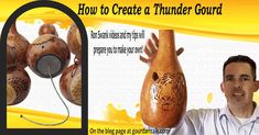 a man standing in front of a vase with designs on it and the words how to create a thunder gourd