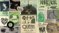 a collage of posters and stickers with the names of some famous rock bands