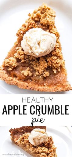 a slice of apple crumble pie on a white plate with the title above it