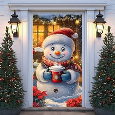 a snowman holding a cup in front of a christmas scene door cover with lights