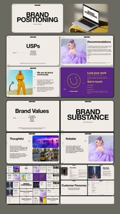 a bunch of different types of webpages on a white and purple background with the words brand positioning above them