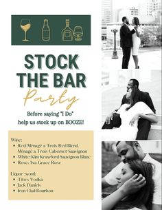 an advertisement for a wine tasting party with images of people kissing and the words, stock the bar party before saying i do