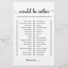 a printable wedding checklist with the words would he rather?