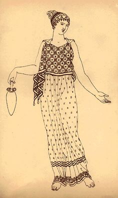 a drawing of a woman wearing a dress and holding an object in her hand,