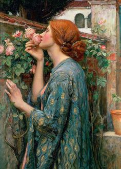 a painting of a woman smelling flowers