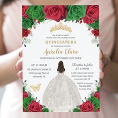 a woman in a wedding dress holding up a card with roses around her and the words quingaanera on it