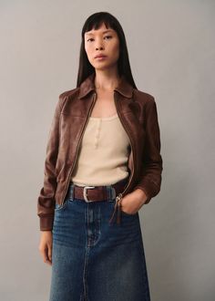 100% leather jacket - Women | MANGO USA Leather Vest Styling, Cute Fall Jackets For Women, Brown Leather Moto Jacket, Light Brown Leather Jacket Outfit, Caramel Leather Jacket, Fall Jackets For Women, Fall Moodboard, Womens Leather Jacket, Pinterest Uk