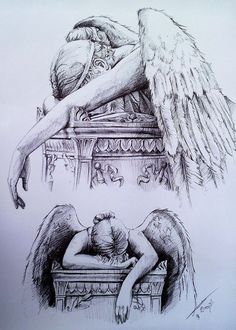 a drawing of an angel sitting on top of a table next to another person laying down