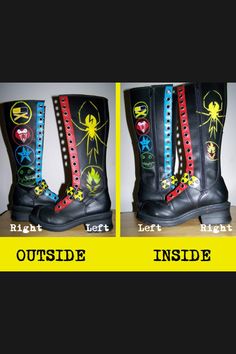 the boots are decorated with different designs and colors