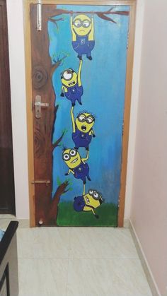 the door is decorated with minion characters and has been painted to look like a tree