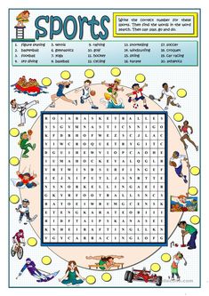 a crossword puzzle with sports words and pictures on the front, as well as an image