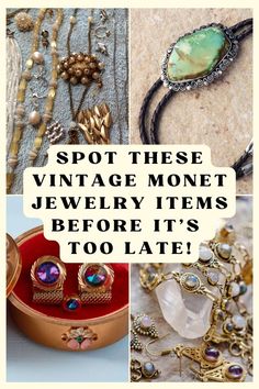 several different jewelry items with the words spot these vintage money jewelry items before it's too late